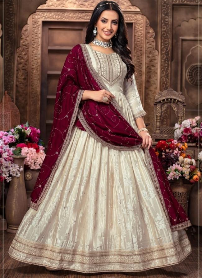 Silk Cream Wedding Wear Zari Work Readymade Anarkali Suit